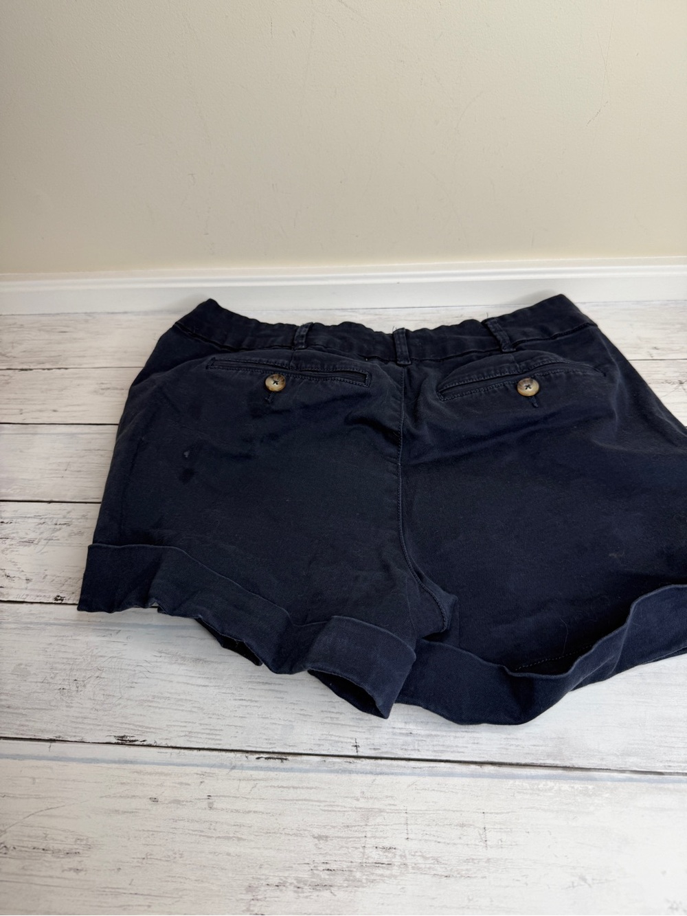 High-Waist Navy Cotton Blend Shorts with Button-Back Pockets